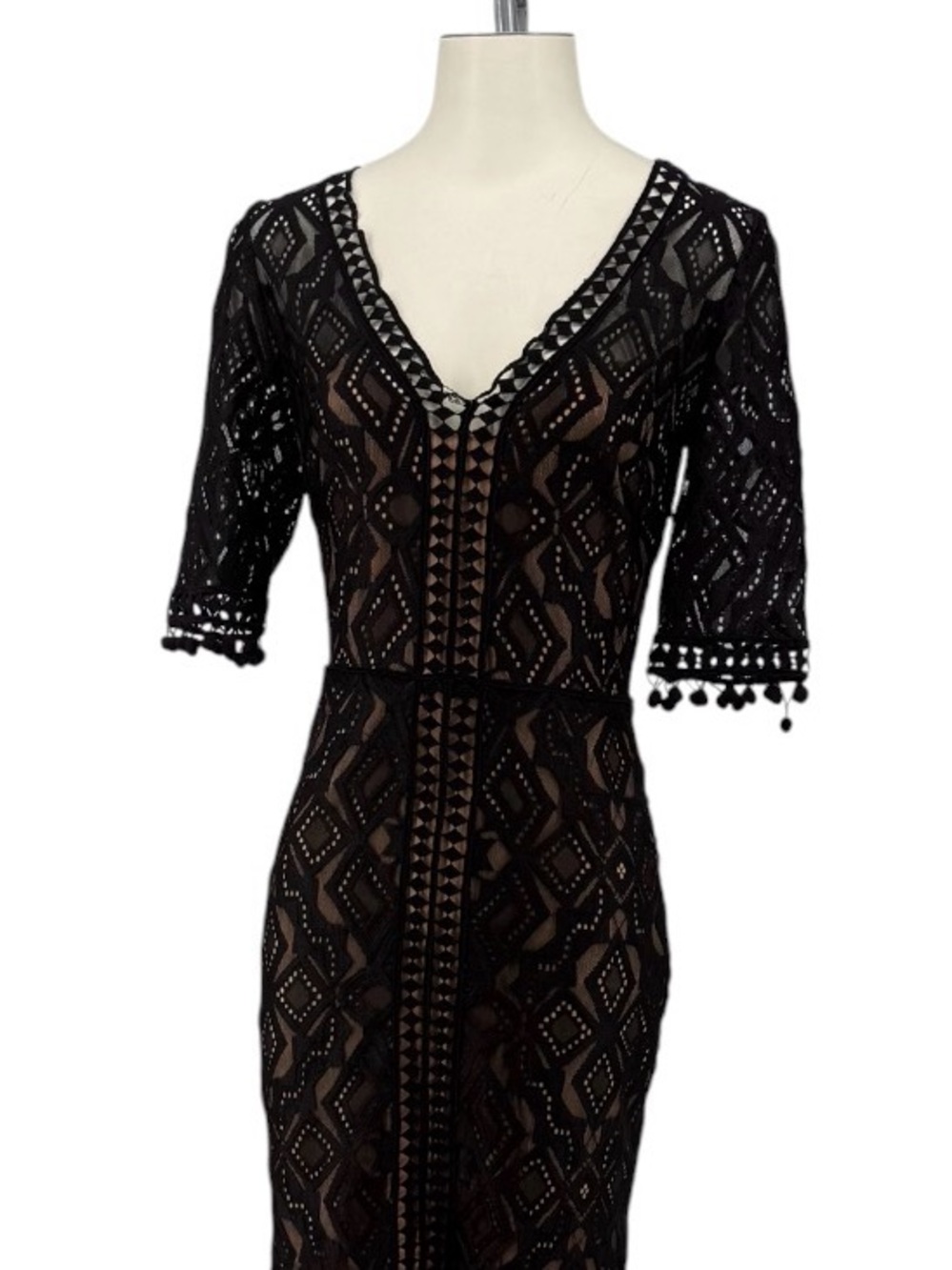 Gianni Bini Black Lace Midi Dress with Pom-Trim Sleeves